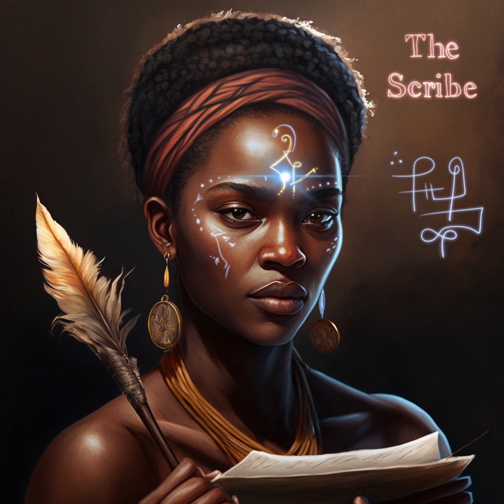 Emmy_African_woman_holding_feather_quill_scribe_archetype_reali_cf3297e1-9f99-40be-b50d-96d1273de652