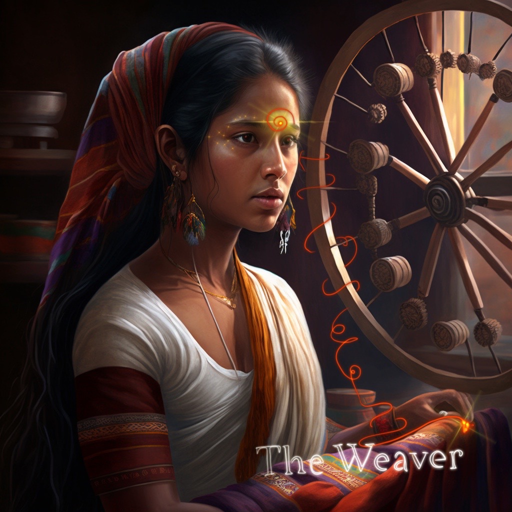 Emmy_young_Indian_woman_weaving_at_spinning_wheel_cosmic_realis_52795082-0e5b-41ad-9486-0f24eab27881